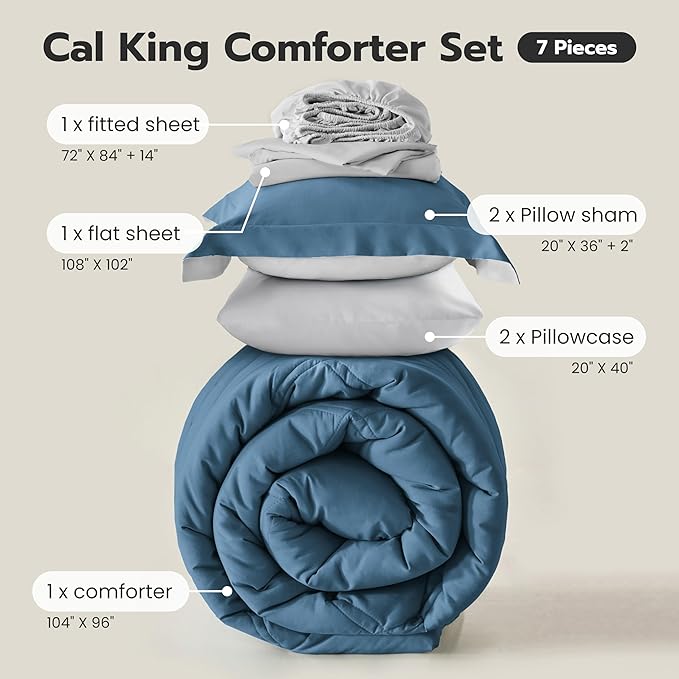 JOIEDOMI California King Comforter Set with Sheets Blue, 7 Pieces Bedding Set with 1 Down Alternative Comforter, 1 Flat Sheet, 1 Fitted Sheet, 2 Pillowcases and 2 Pillow Shams Bed in a Bag All Seasons