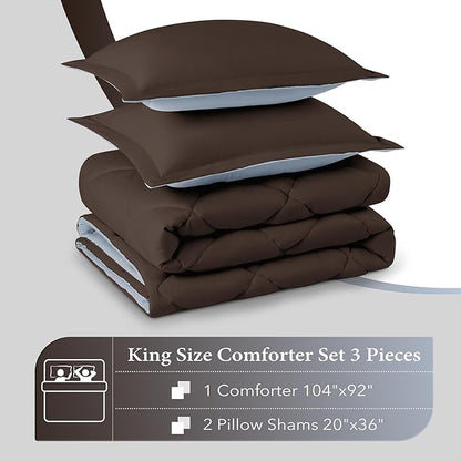 downluxe King Size Comforter Set - Brown and Blue King Comforter, Soft Bedding Sets for All Seasons -3 Pieces - 1 Comforter (104"x92") and 2 Pillow Shams(20"x36")