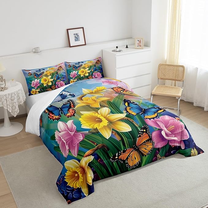 Erosebridal Garden Daffodil Comforter Set Country Farmhouse Bedding Set King Colorful Butterfly Floral Bedding Comforter Sets for Kids Girls Adult Spring Blossom Flower Bed Set Rustic Cabin Decor