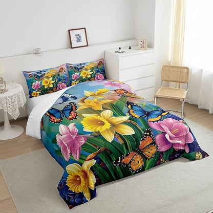 Erosebridal Garden Daffodil Comforter Set Country Farmhouse Bedding Set King Colorful Butterfly Floral Bedding Comforter Sets for Kids Girls Adult Spring Blossom Flower Bed Set Rustic Cabin Decor