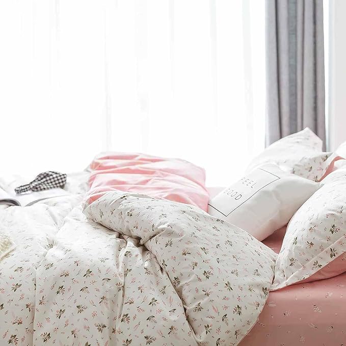 Nanko Pink Floral Comforter Set Twin Size, 2pc White Farmhouse Flowers Leaves Botanical Pattern Microfiber Comforter Set, All Season Soft & Lightweight Reversible Comforter for Women 68"x90"