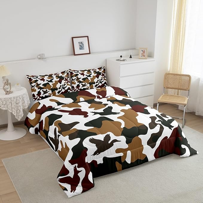 Erosebridal Hunter Comforter Set Toddler Size Camo Duck Bedding for Kids Camouflage Farmhouse Camping Comforter Vintage Army Green Yellow Room Decor Wild Animal Rustic Duvet Set