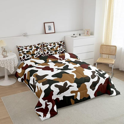 Erosebridal Hunter Comforter Set Toddler Size Camo Duck Bedding for Kids Camouflage Farmhouse Camping Comforter Vintage Army Green Yellow Room Decor Wild Animal Rustic Duvet Set
