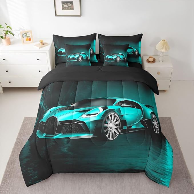 Feelyou Sports Car 7 Piece Bedding Set Teal Blue Race Car Comforter Set with Sheets for Kids Boys Girls Extreme Sports Theme Bed in a Bag Cool Speed Car Decor Bed Set with 2 Pillowcases Queen Size