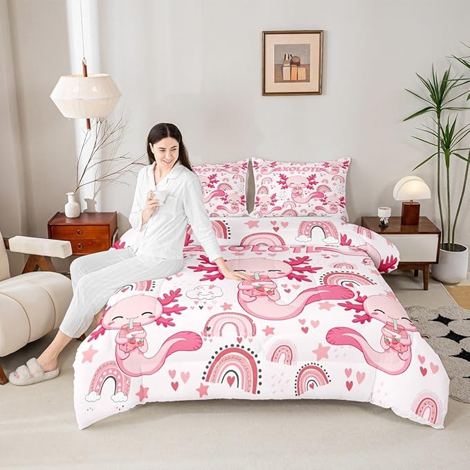 Manfei Cute Axolotl Kids Comforter Set Twin Size,Stars Rainbow Cartoon Bedding Set,Girls Boys Adults Room Decor,Strawberry Love Heart Romantic Down Comforter,Pink Kawaii Duvet Insert,1 Pillowcase