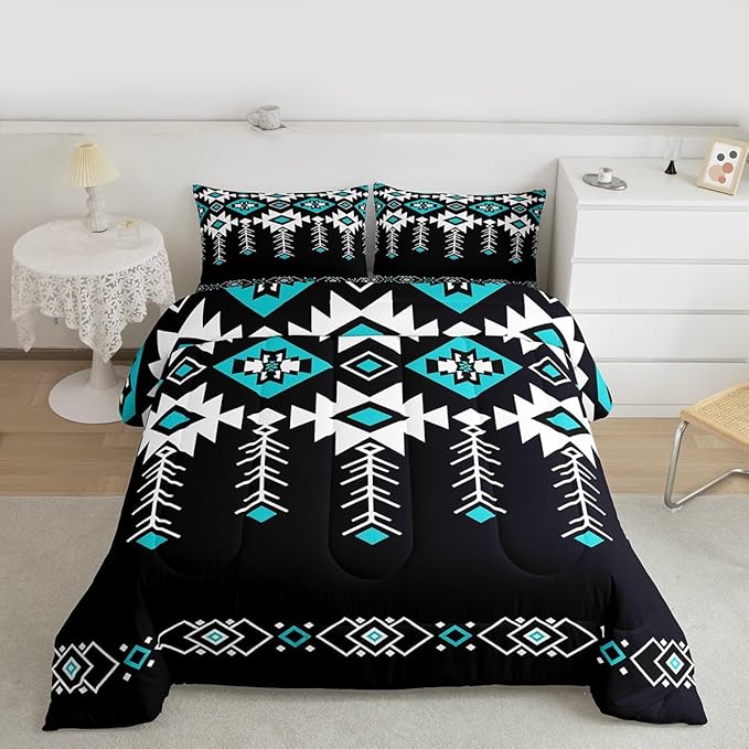 Erosebridal Queen Western Aztec Comforter Set for Boys, Native American Navajo Bedding Set Rustic Southwestern Quilt Ethnic American Native Geometric Down Comforter for Teens Adult Bedroom, Black
