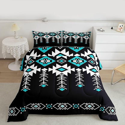 Erosebridal Queen Western Aztec Comforter Set for Boys, Native American Navajo Bedding Set Rustic Southwestern Quilt Ethnic American Native Geometric Down Comforter for Teens Adult Bedroom, Black