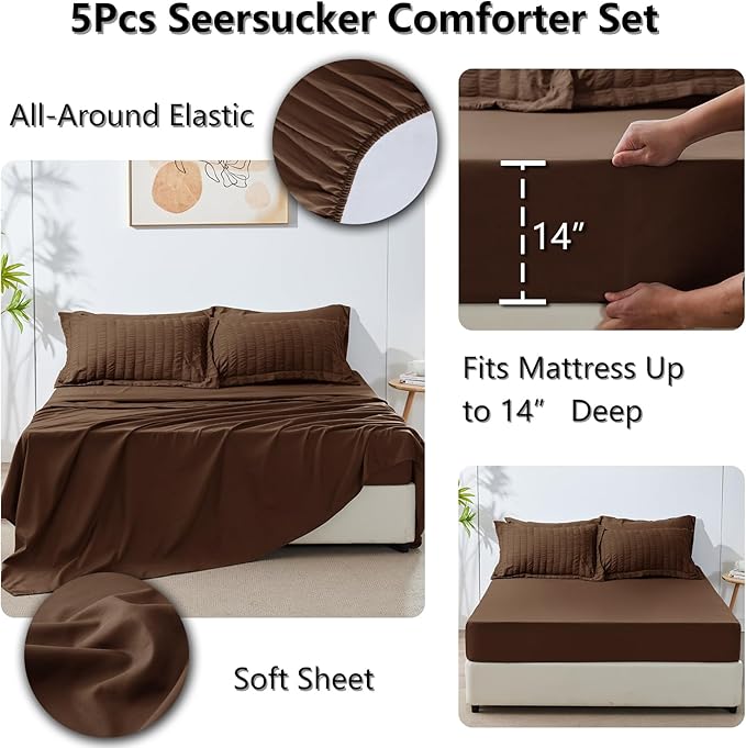 CozyLux Twin Comforter Set with Sheets 5 Pieces, Brown Seersucker Textured Bed in a Bag, Luxury Soft Bedding Set with Down Alternative Comforter, Sheets, Pillowcases & Shams for All Seasons