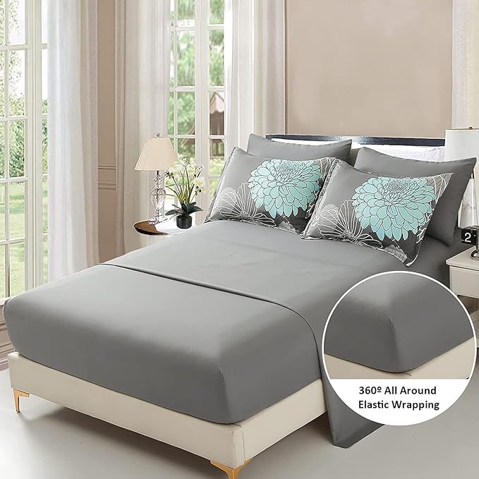Yiran California King Comforter Set Grey Floral Comforter for All Season Cal King Soft Microfiber Bedding Set,7 Pieces,104"x96"