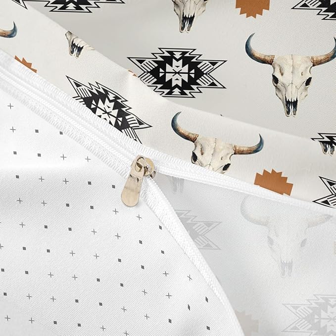 Feelyou Khaki Bull Skull Comforter Set King Size Kids Western Aztec Duvet Quilt for Boys Girls Teens Southwestern Bohemian Boho Wild Cowboy Tribal Rustic Bedding Set Soft Room Decor 3Pcs
