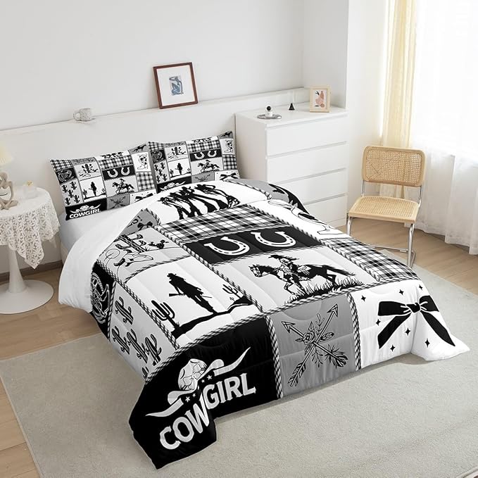 Western Cowgirl Girly Comforter Set Twin Size,Cactus Horseshoes Cow Skull Boot Rustic Bedding Set,Girls Women Room Decor,Bow Arrow Plaids Patchwork Down Comforter,Black Duvet Insert,1 Pillowcase
