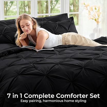 Sasttie King Size Comforter Set, 7-Piece Bed in a Bag, Pintuck Bedding Set for All Season, Includes Comforter, Flat Sheet, Fitted Sheet, Pillowcases and Pillowshams, Black