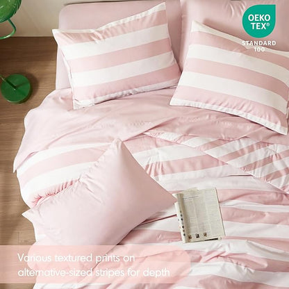 Reversible Striped King Comforter Set, Soft Microfiber Bedding Set with Double-Sided Stripes Design, Warm & Cozy for All-Seasons, 3-Piece Comforter and Shams Set King Size, Blush
