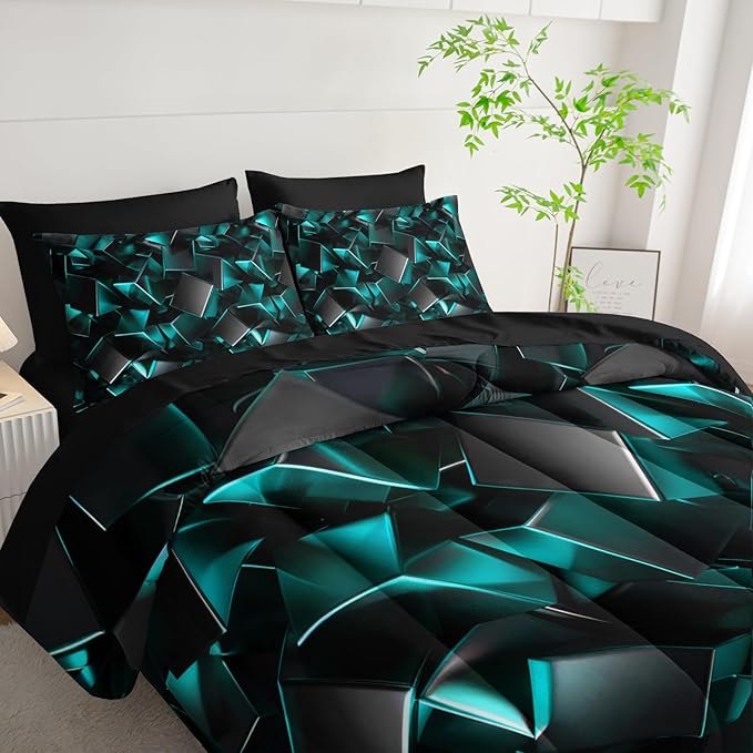 Turquoise Black Geometric Comforter Set Twin Size 7PCS,Abstract Triangular Printed Bedding Set for Adults,Geometric Mordern Art Decor All Seasons with Pillowcases,Flat, Fitted Sheet