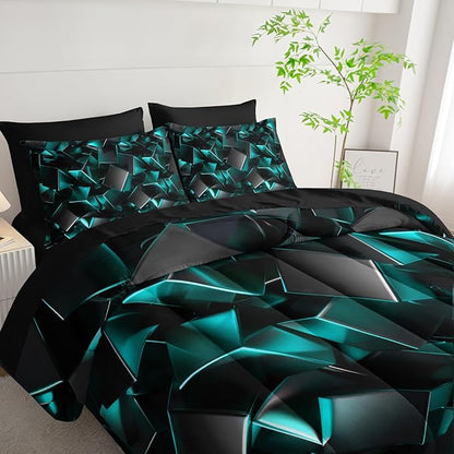 Turquoise Black Geometric Comforter Set Twin Size 7PCS,Abstract Triangular Printed Bedding Set for Adults,Geometric Mordern Art Decor All Seasons with Pillowcases,Flat, Fitted Sheet