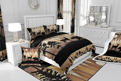 Feelyou Rustic Bear Deer Comforter Set King Size, Wildlife Hunting Theme Quilt Set with 2 Pillowcases, Wild Animal Bedding Set 3Pcs for Kids Boys Teens Room Decor, Wooden Board Duvet Insert