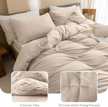 Sanracie Pre-Washed Cotton King Comforter Set, Beige Khaki Colored Bedding Set 3Pcs Ultra Soft Breathable Bed Comforter Set for All Season