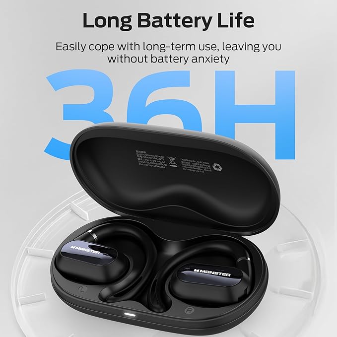 Monster Open Ear AC322, Bluetooth 5.4, 36H Battery Life, IPX5 Waterproof, Clear Communication, Ergonomic Design, Ear Angle Adjustable