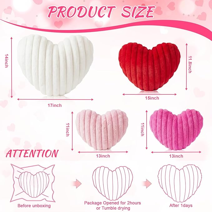 4 Pcs Heart Shaped Throw Pillows Set, 17/15/13 Inch Large Faux Fur Striped Cushions Pink Red White Heart Pillows for Couch, Bedroom, Living Room Wedding Decor