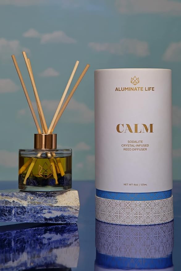 Crystal Infused Reed Diffuser, 4 OZ, Calm - Sodalite Crystal Infused - Scents of Chamomile, Howood, & Sage - Home Decor, House Warming, Room Aesthetic, Stick Perfume, Coffee Table