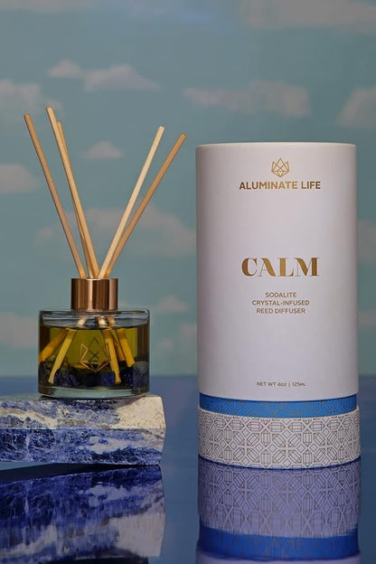 Crystal Infused Reed Diffuser, 4 OZ, Calm - Sodalite Crystal Infused - Scents of Chamomile, Howood, & Sage - Home Decor, House Warming, Room Aesthetic, Stick Perfume, Coffee Table