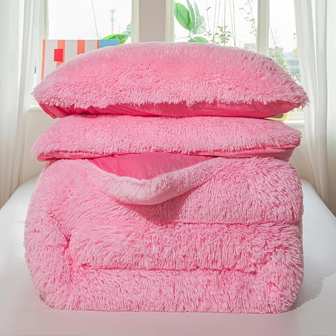 chovy Faux Fur Plush Pink Comforter Sets King - Ultra Soft Shaggy Flannel Velvet Fluffy Fuzzy 3PC Bedding Set （Comforter x 1 Pillowcases x 2）