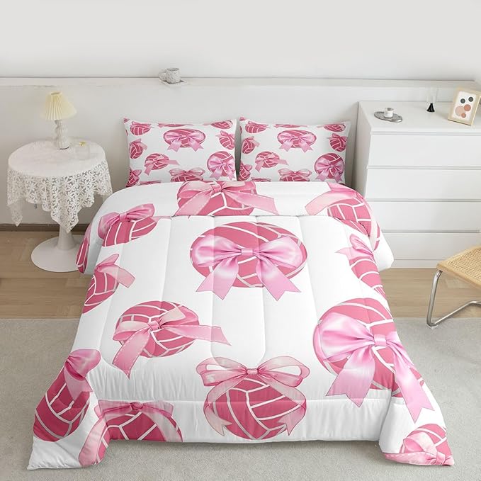 Bowknot Volleyball Bedding Sets Twin Size,Pink Bow Knot Print Comforter Set 2Pcs for Kids Girls Women Room Decor,Ball Sport Games Theme Quilted Duvet Cute Cartoon Girly Down Comforter,1 Pillowcase