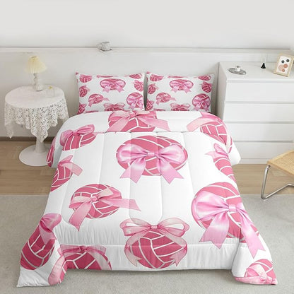 Bowknot Volleyball Comforter Set Full Size,Pink Bow Knot Print Bedding Sets 3Pcs for Kids Girls Women Room Decor,Ball Sport Games Theme Down Comforter Cute Cartoon Girly Quilted Duvet,2 Pillowcases