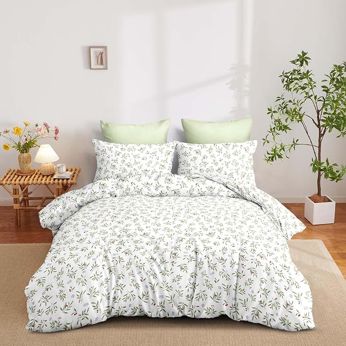 Nayoroom Floral Comforter Set Queen Size Green Botanical Leaf Spring Bedding Set 3 Pieces Soft Lightweight Aesthetic Garden Comforter for All Seasons