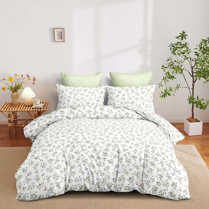 Nayoroom Floral Comforter Set Queen Size Green Botanical Leaf Spring Bedding Set 3 Pieces Soft Lightweight Aesthetic Garden Comforter for All Seasons