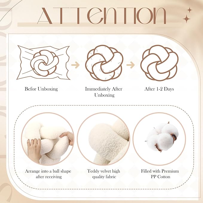2 Pcs Knot Pillow Balls, 12 Inch Soft Home Decorative Round Stylish Throw Pillow Cute Handmade Knotted Aesthetic Ivory Circle Pillows for Living Room Couch Sofa Decor (White)