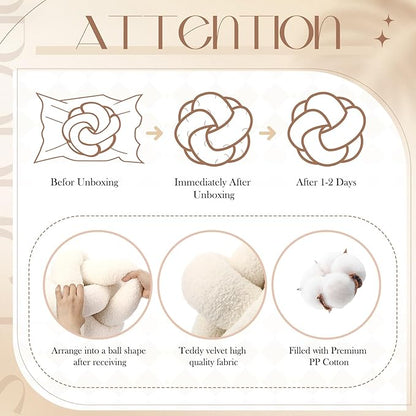 2 Pcs Knot Pillow Balls, 12 Inch Soft Home Decorative Round Stylish Throw Pillow Cute Handmade Knotted Aesthetic Ivory Circle Pillows for Living Room Couch Sofa Decor (White)
