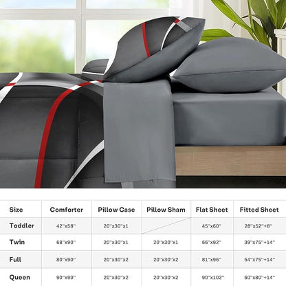 Nesker 7 Pcs Comforter Set King Size, Modern Gray Black Red Swirls Bedding Set for Kids and Adults, Stripes Circle Lines Geometric Bed Sheet Sets with Fitted Sheet 2 Pillowcases & 2 Shams