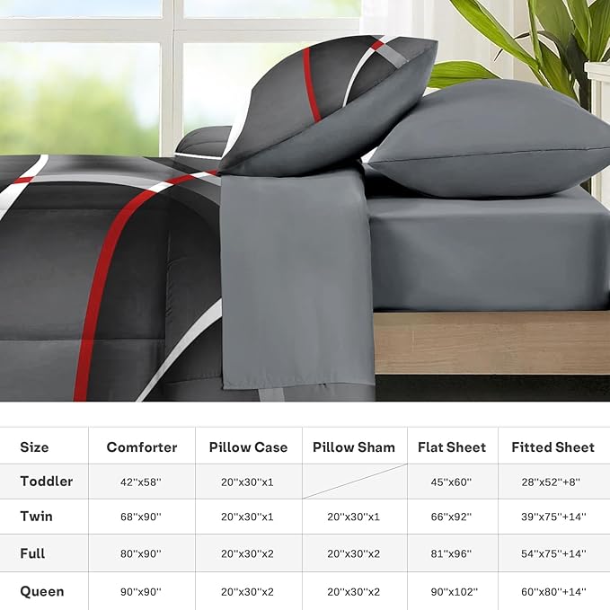 Nesker 7 Pcs Comforter Set Queen Size, Modern Gray Black Red Swirls Bedding Set for Kids and Adults, Stripes Circle Lines Geometric Sheets Bed Sheet Sets with Fitted Sheet 2 Pillowcases & 2 Shams