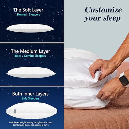 Nuzzle Cooling Adjustable Pillow for Side Sleepers, Luxury Standard Size Set of 2 Bed Pillow Hotel Collection - Best Adjust Height Soft Firm Pillow for Back, Stomach or Side Sleepers - Home Gifts