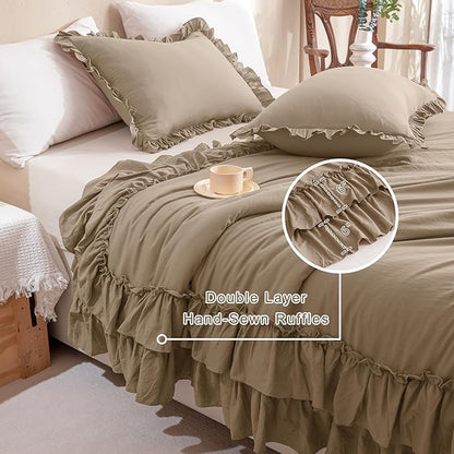 QSH 3PCs Light Taupe Ruffled Comforter Set Queen Size,Shabby Boho Chic Bedding Comforter Sets Queen, Ultra Soft Farmhouse Lightweight Microfiber Inner Fill Bed Comforter Set