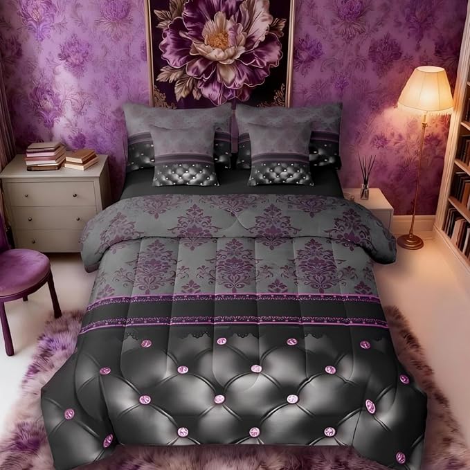 Purple Damask Full Size Bed Sheets and Comforter Set | Antique Decor Gothic Vintage Floral 7-Piece Bedding Set Luxury Black Diamond Texture Pattern Bohemian Bed in a Bag, Goth Victorian Bed Sets