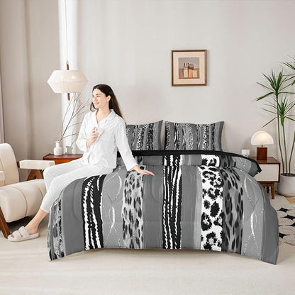 Erosebridal Animal Skin Pattern White Black Geometric King 7-Piece Comforter Set | Leopard Print Stripe Sheets and Pillowcases Cheetah Fur Bed in A Bag Women Men Adults Bed Sets