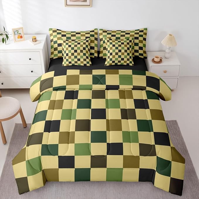 Checkered Retro Comforter Set Twin Size 7 Pieces Hunter Green Plaid Bedding Set for Kids Boys Girls Geometric Camo Army Bed in a Bag Modern Hunting Groovy Aesthetic Bedroom Decor Quilted Lightweight