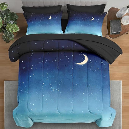 Comforter Set Full Size, Blue Starry Sky 7 Pcs Bedding for Kids and Adults, Landscape Night Moon Bed Sheet Sets with Fitted Sheet 2 Pillowcases & 2 Shams for Bedroom Bed Decor