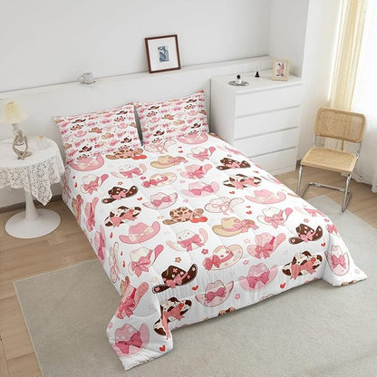 Feelyou Pink Western Decor Bedding Set Toddler Size Cowboy Cowgirl Boots Comforter Set for Kids Boys Girls Decor Cute Bowknot Cherry Dreamy Princess Style Comforter Rodeo Cowboy Style Duvet Set
