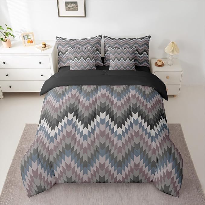 Erosebridal Aztec Geometric Bed in A Bag Queen 7 Pcs Farmhouse Western Comforter Set for Kids Teens Country Native American Bedding Sets Black Grey Ethnic Aesthetic Sheet Set with Comforter