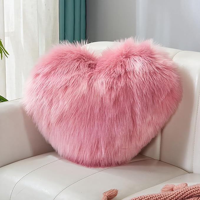 HANDKEI Love Pillow, Heart-Shaped Long Plush, Pink Imitation Wool, Living Room Sofa, Cute Cushion, Bedside Cushion (Coffee Color, 15.74 inch X 19.68 inch)