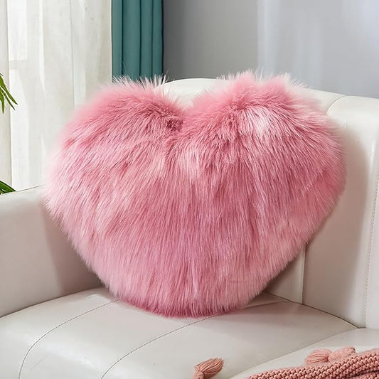 HANDKEI Love Pillow, Heart-Shaped Long Plush, Pink Imitation Wool, Living Room Sofa, Cute Cushion, Bedside Cushion (Rouge Powder, 15.74 inch X 19.68 inch)