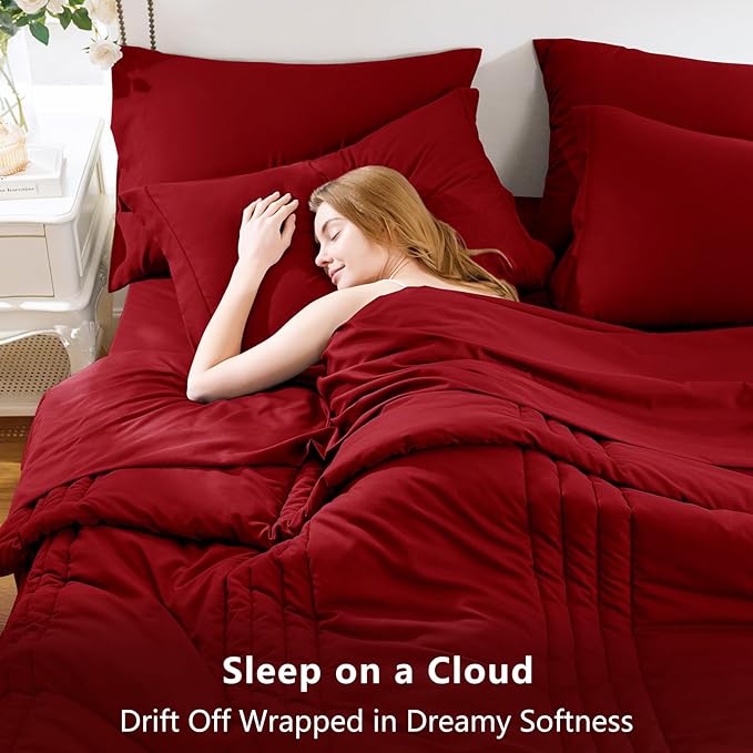 CozyLux King Comforter Set - 7 Pieces Bed in a Bag Dark Red Comforter Set with Sheets Luxury Bed Set All Seasons, Soft Bedding Set with Down Alternative Comforter, Sheets, Pillowcases & Shams