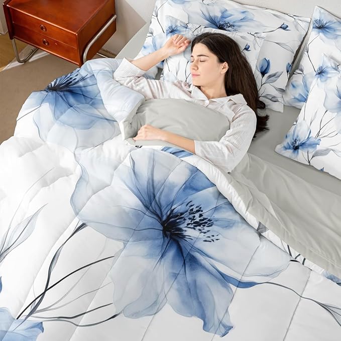 Erosebridal Blue and Grey 7 Piece Bedding Set Full,Boho Watercolor Floral Comforter Set | Ink Painting Style Blossom & Leaf Bed in A Bag with Flat and Fitted Sheet for Chic Artistic Elegant Bedroom