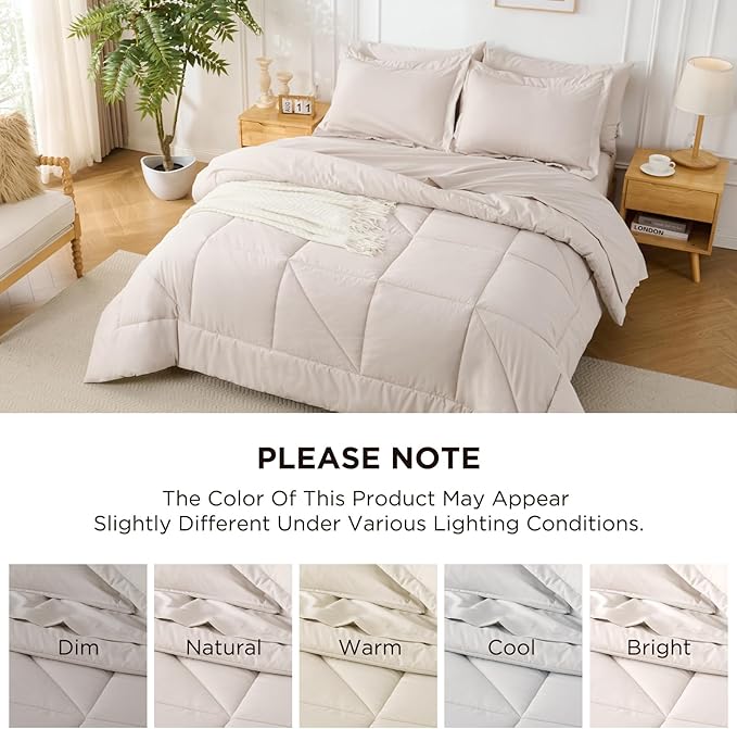 7 Pieces Queen Comforter Set - Utral Soft Microfiber Bedding Set, Thick Duvet Insert Bed in a Bag Without Rustling Noise for All Season, Beige (88"x88")