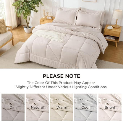 7 Pieces King Comforter Set - Utral Soft Microfiber Bedding Set, Thick Duvet Insert Bed in a Bag Without Rustling Noise for All Season, Beige (102"x90")