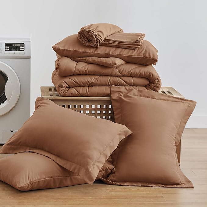 Love's cabin California King Comforter Set Mocha Mousse, 7 Pieces California King Bed in a Bag, All Season Bedding Sets with 1 Comforter, 1 Flat Sheet, 1 Fitted Sheet, 2 Pillowcase and 2 Pillow Sham
