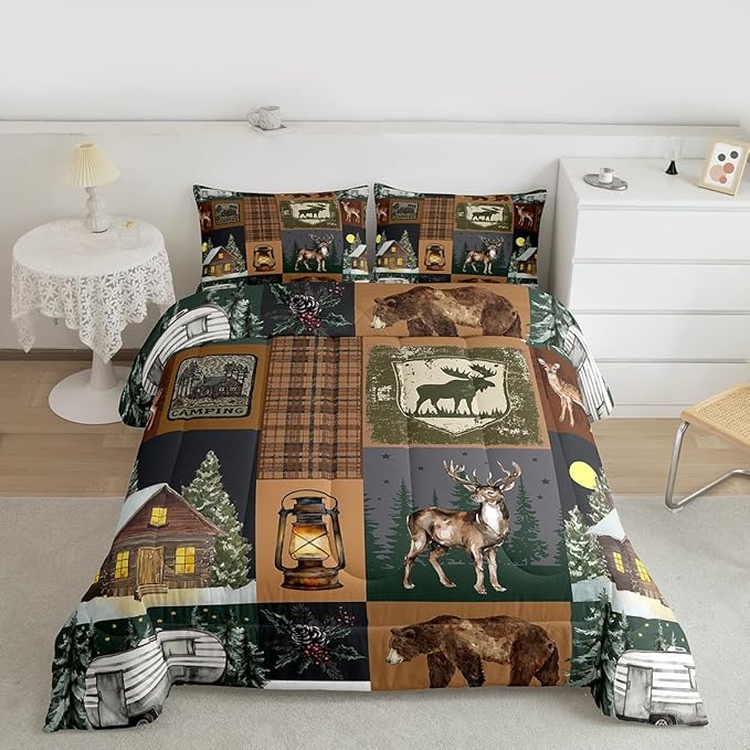 Farmhouse Bear Comforter Set Twin, Rustic Cabin Lodge Down Comforter, Retro Woodland Deer Bedding Comforter Sets, Hunting Wild Animal Plaid Checkered Quilt with 1 Pillow Case Bedroom Decor, Brown